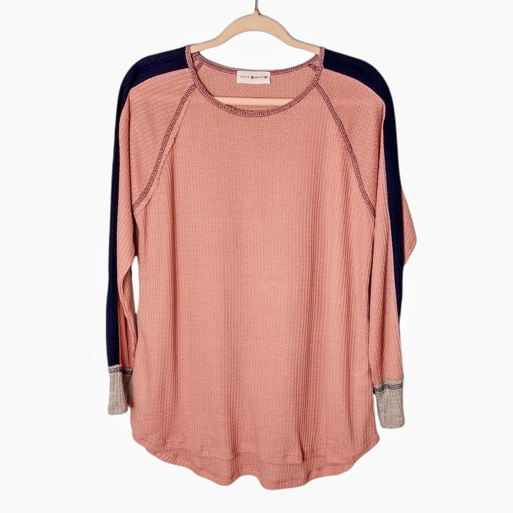 Coco & Main Waffle Knit Top Womens Medium Pink Raglan Sleeve Thermal Colorblock